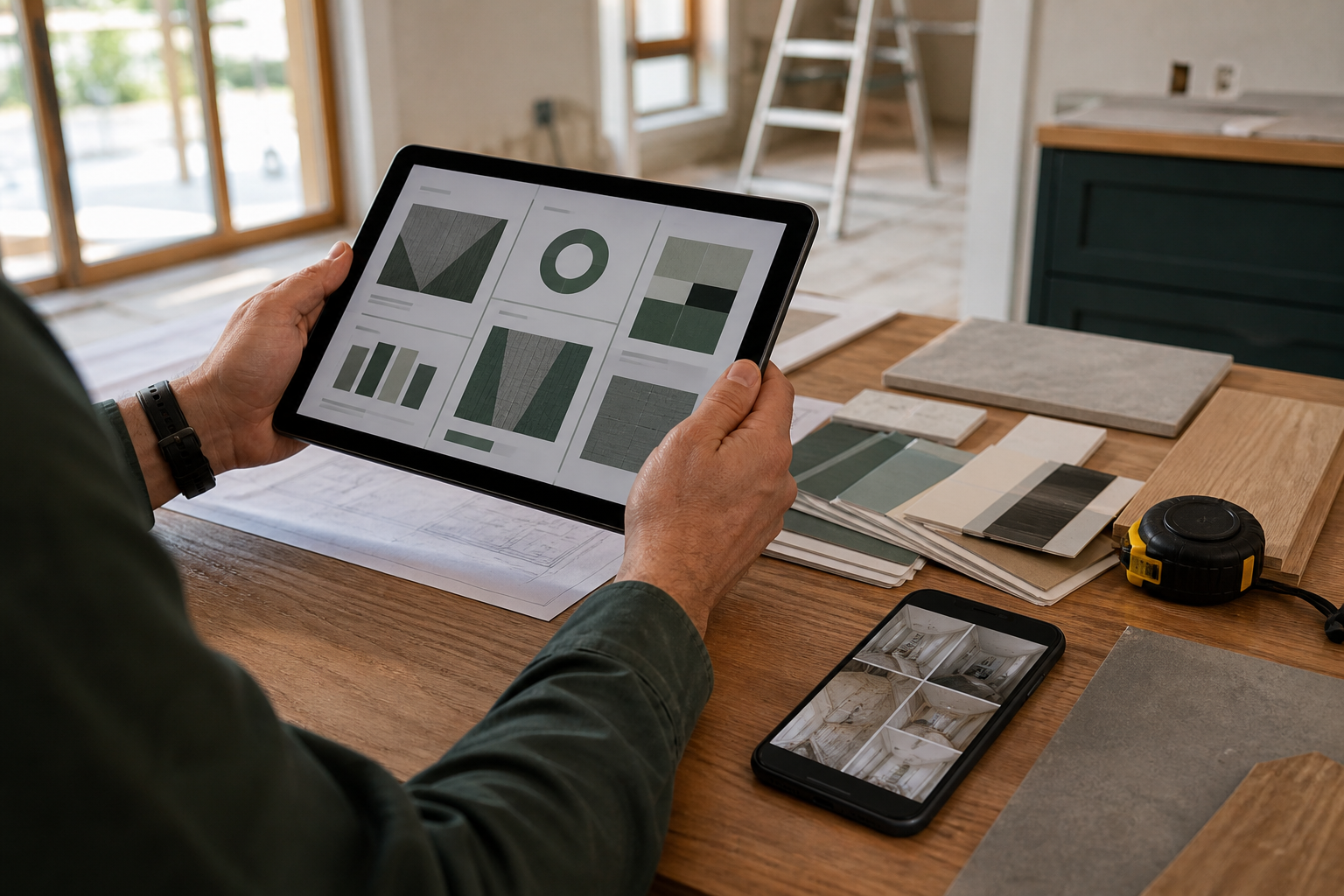 Relatório digital de andamento ao lado de amostras e registros da obra