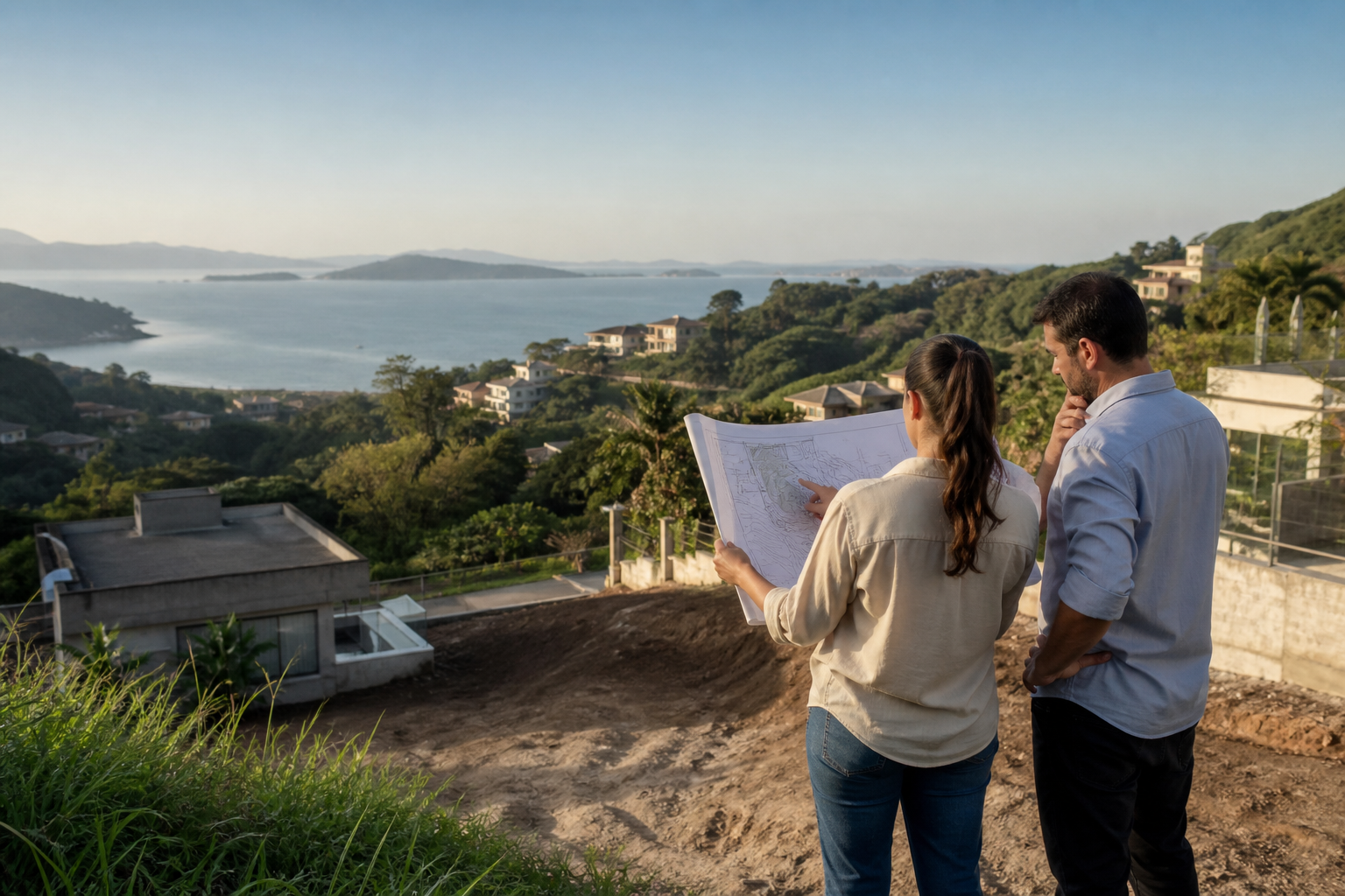 Profissionais analisam um terreno em encosta antes de iniciar o projeto